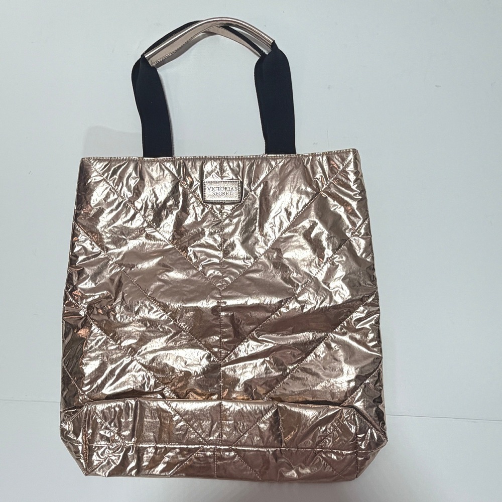 Victoria's Secret Metallic Rose Gold Quilted Tote Bag Glam Shopper Carryall Y2K